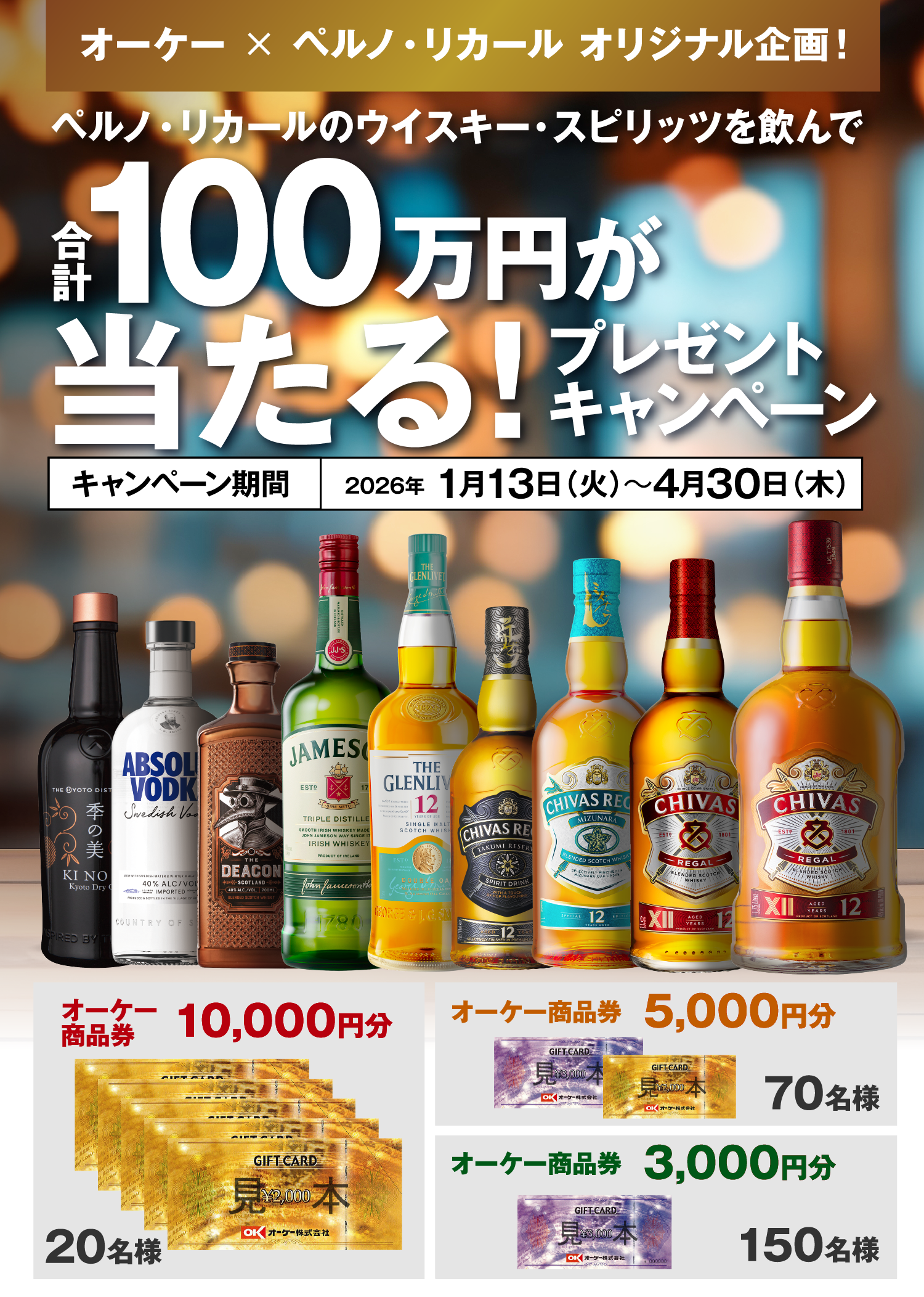 ペルノ・リカールのウィスキー・スピリッツを飲んで合計100万円が当たる！プレゼントキャンペーン